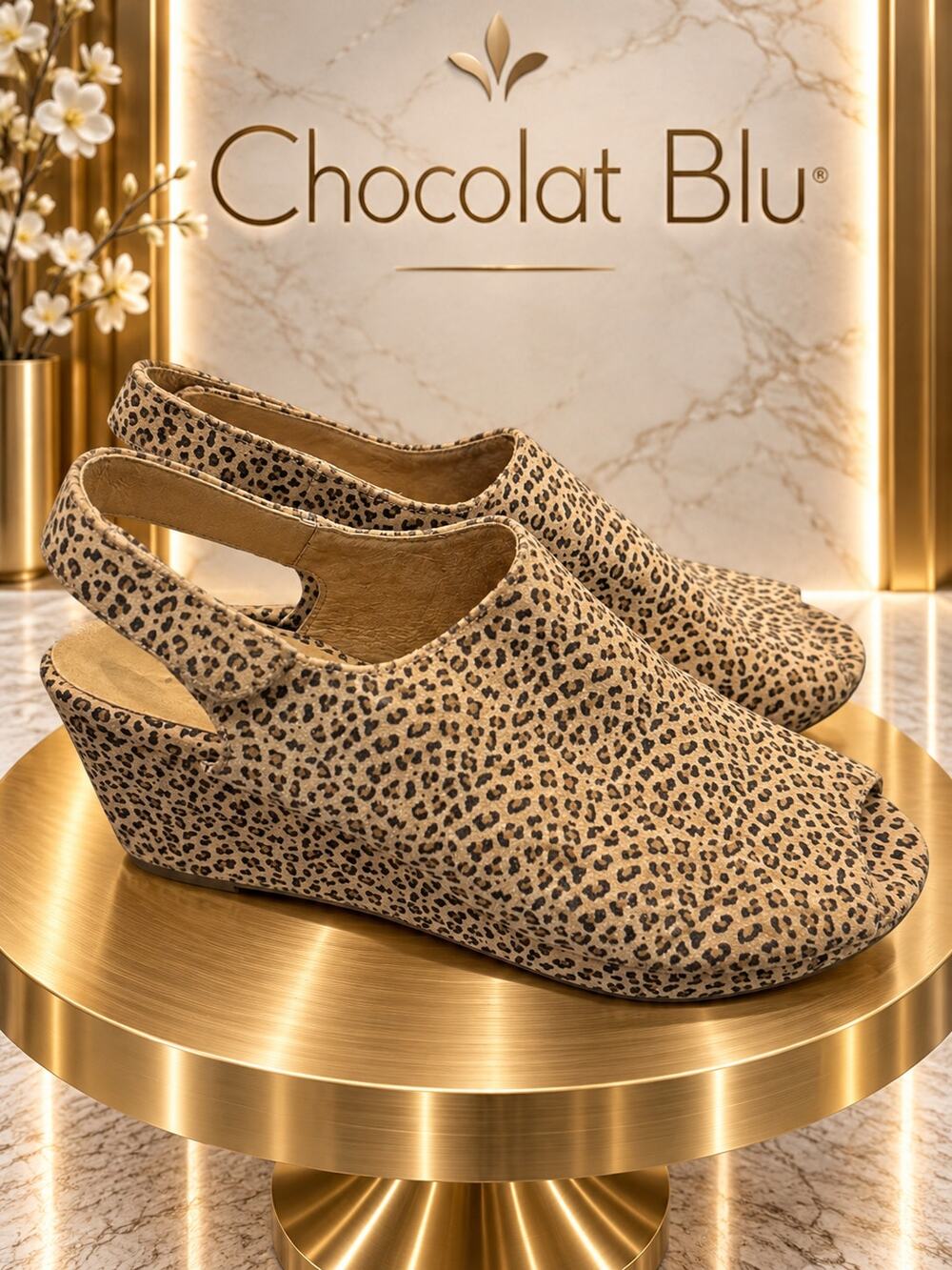 Chocolat Blu Yana Leopard Leather Peep Toe Wedge Sandals Size 6.5